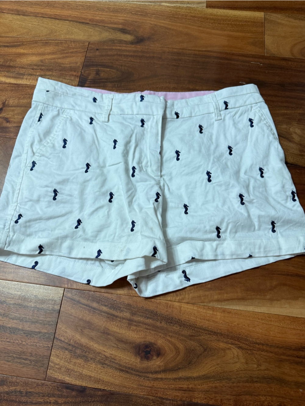 British Khaki White Shorts with Navy Seahorse Embroidery